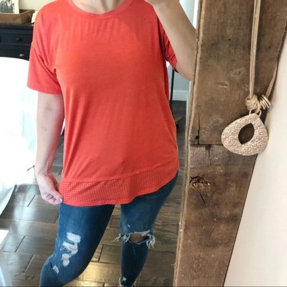 Nanette Lepore large tangerine blouse w/mesh hem - Picture 4 of 8